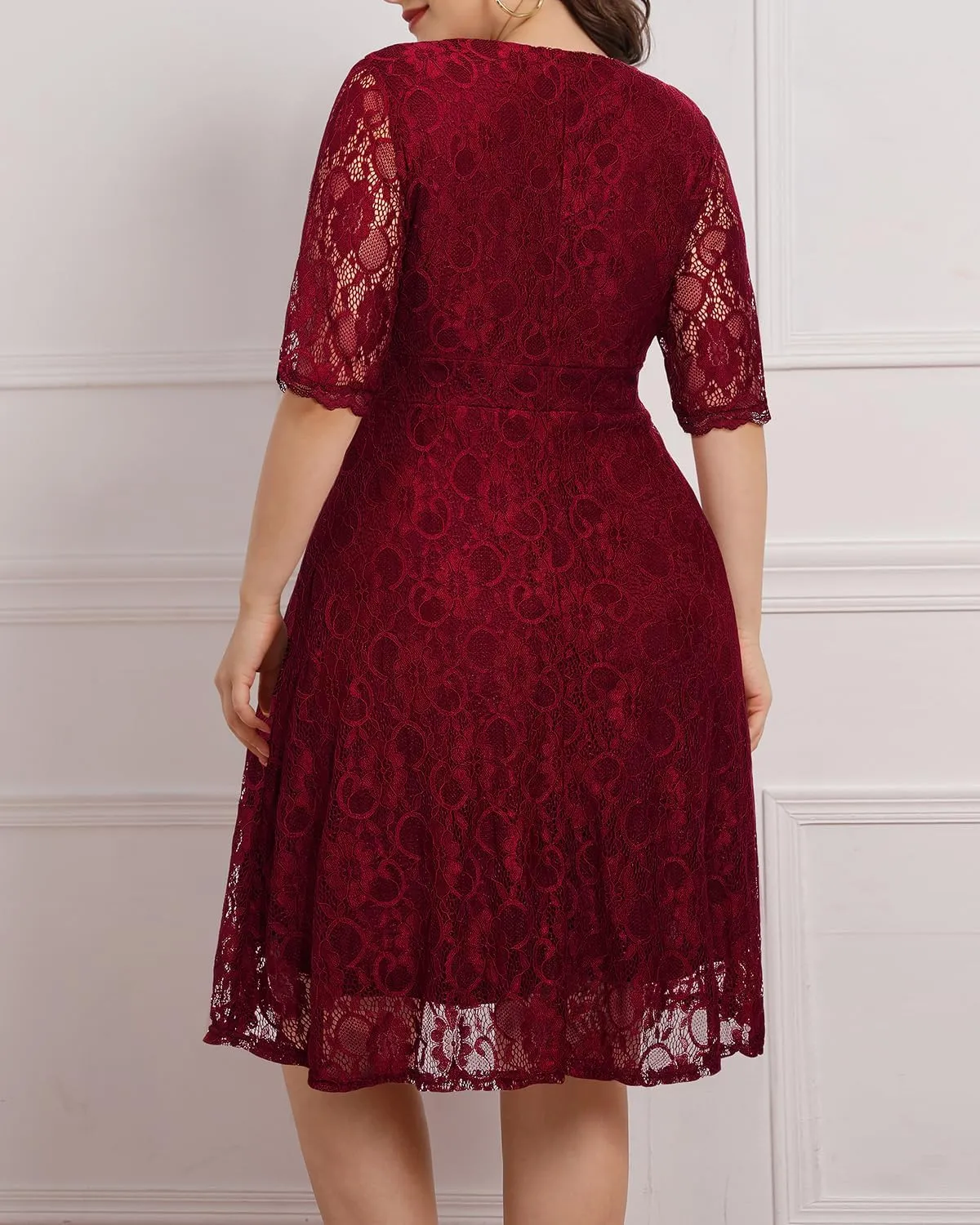 Women's Plus Size Wedding Guest Cocktail Party Semi Formal Lace Wrap V Neck Knee Length Dress