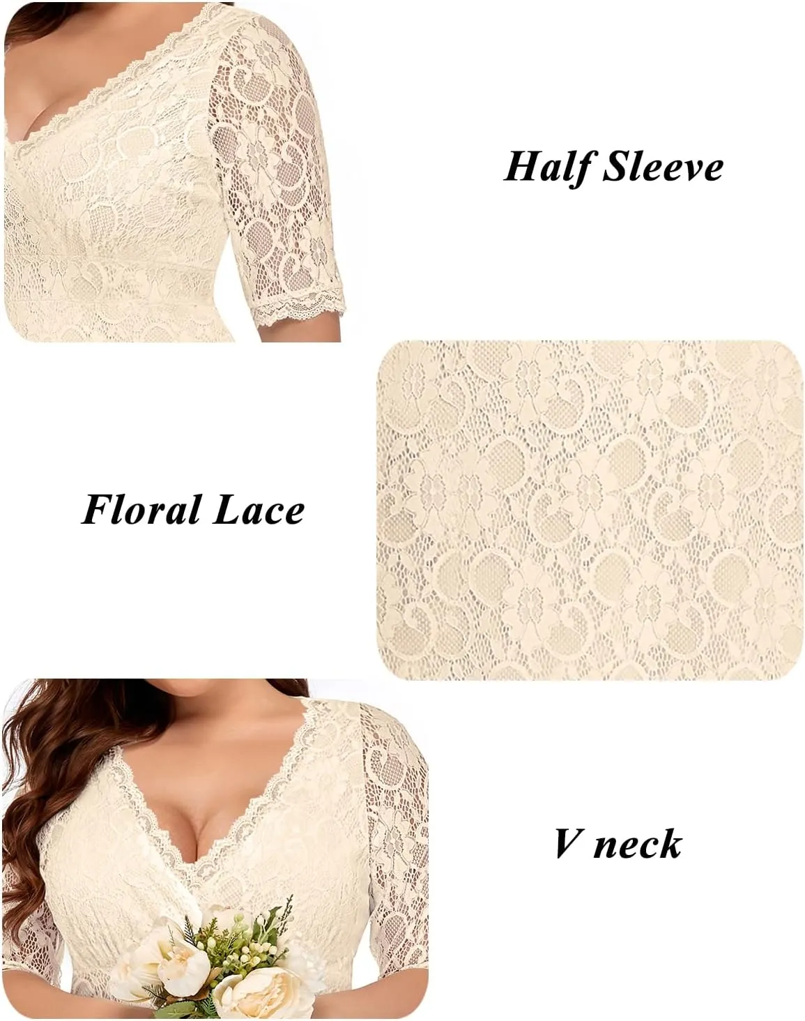 Women's Plus Size Wedding Guest Cocktail Party Semi Formal Lace Wrap V Neck Knee Length Dress