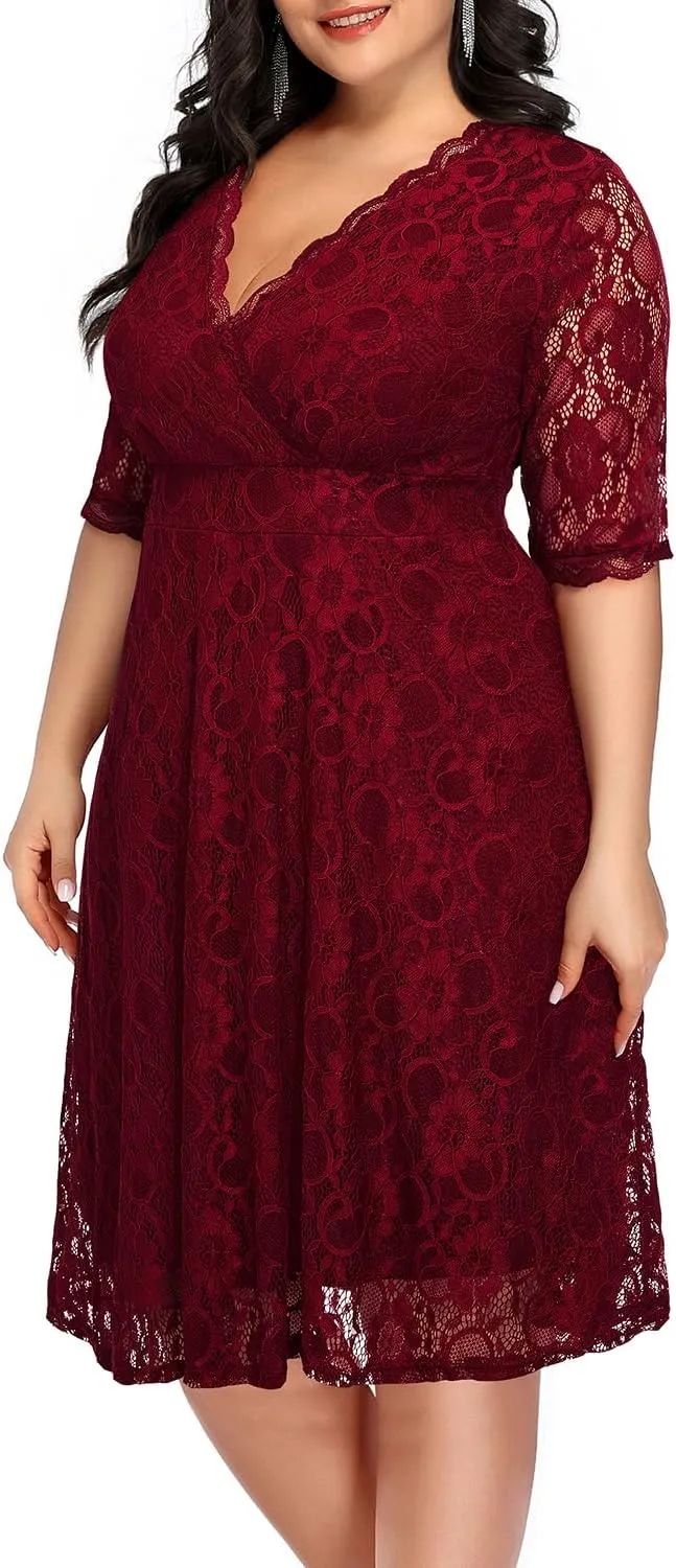 Women's Plus Size Wedding Guest Cocktail Party Semi Formal Lace Wrap V Neck Knee Length Dress
