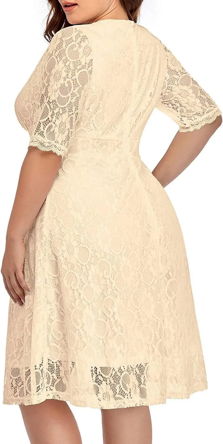 Women's Plus Size Wedding Guest Cocktail Party Semi Formal Lace Wrap V Neck Knee Length Dress