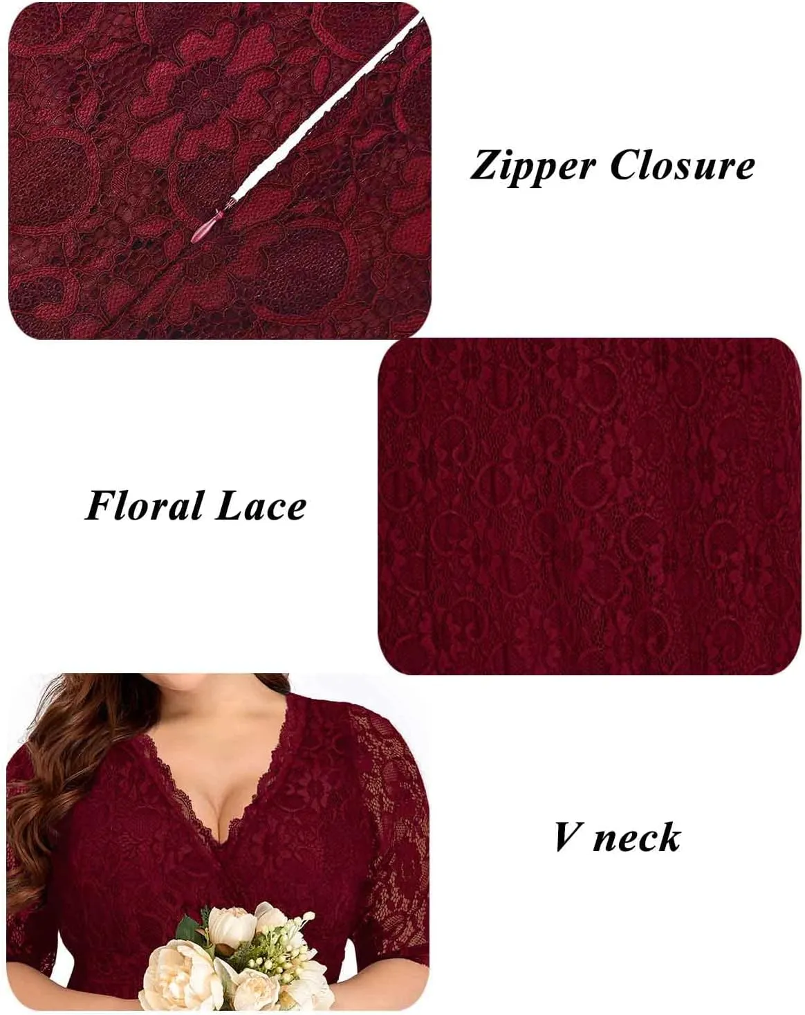Women's Plus Size Wedding Guest Cocktail Party Semi Formal Lace Wrap V Neck Knee Length Dress