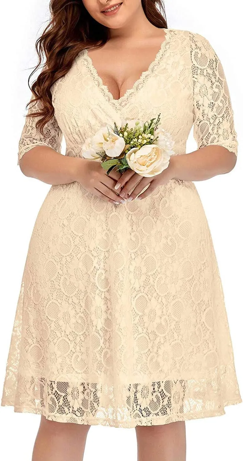 Women's Plus Size Wedding Guest Cocktail Party Semi Formal Lace Wrap V Neck Knee Length Dress