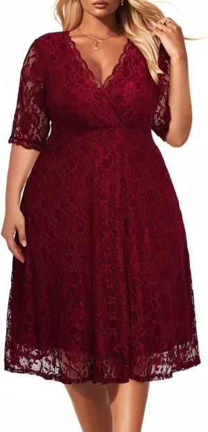 Women's Plus Size Wedding Guest Cocktail Party Semi Formal Lace Wrap V Neck Knee Length Dress
