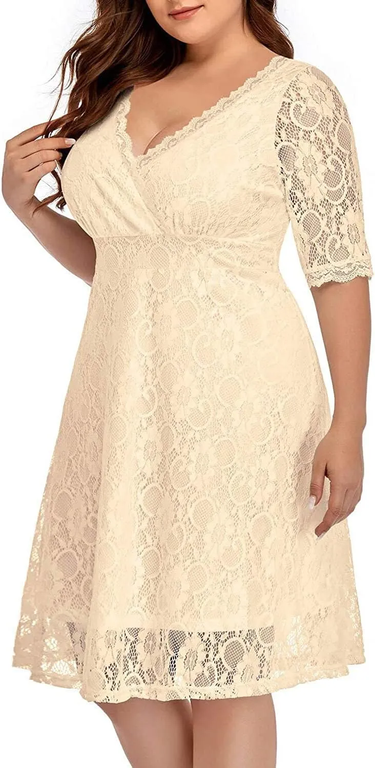 Women's Plus Size Wedding Guest Cocktail Party Semi Formal Lace Wrap V Neck Knee Length Dress