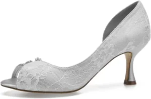 Women's Pointed Toe Lace Wedding Dress Shoes Rhinestones Slip on Bridal Heel Pump Evening Prom Party Ballet Closed Bridal Wedding Dress Shoes