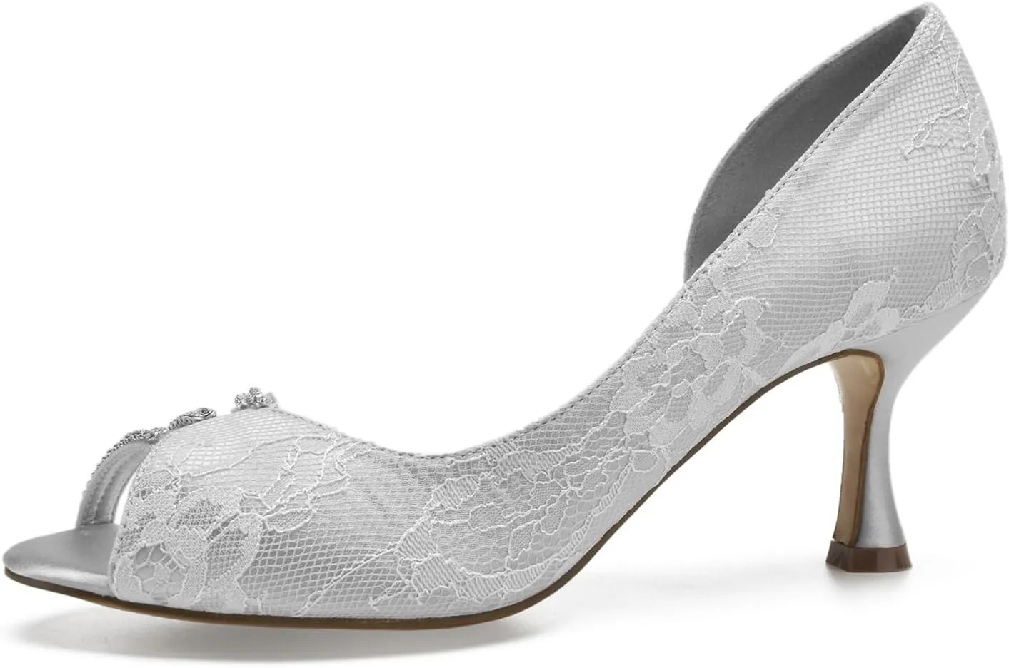 Women's Pointed Toe Lace Wedding Dress Shoes Rhinestones Slip on Bridal Heel Pump Evening Prom Party Ballet Closed Bridal Wedding Dress Shoes