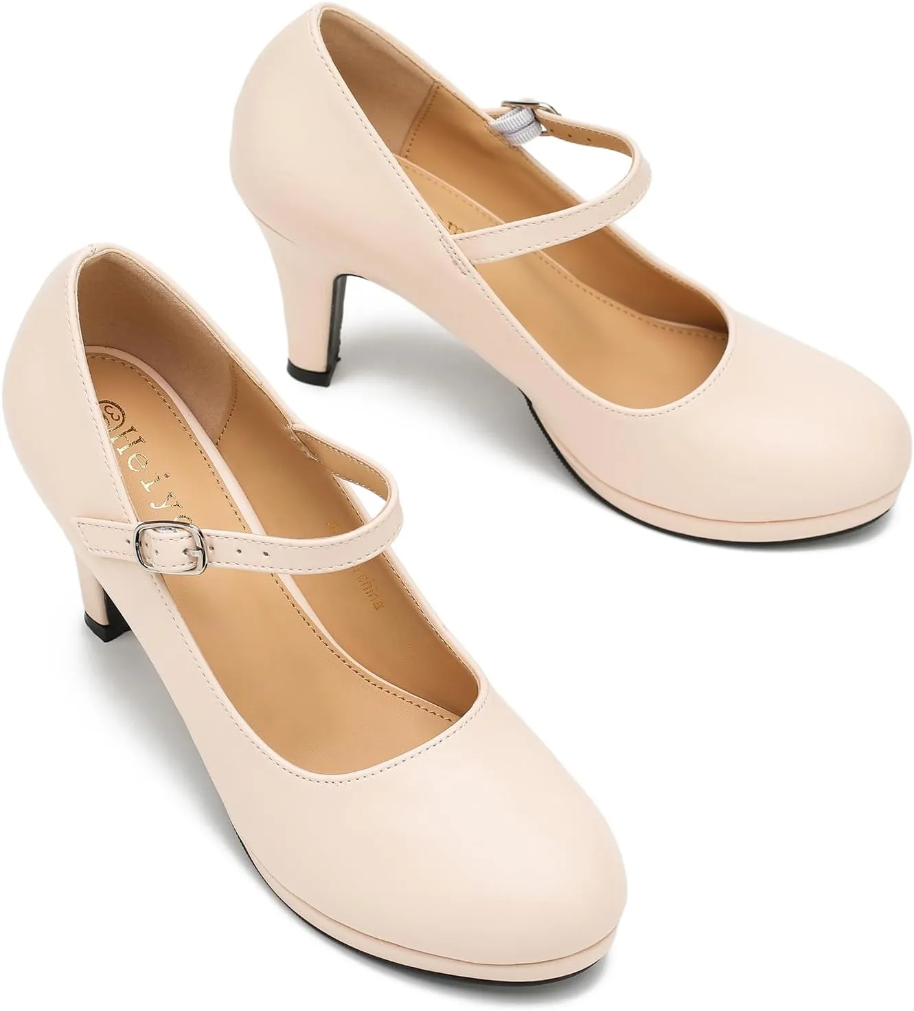 Women's Pumps Close Toe High Heels Classic Round Toe Mary Jane Comfortable Low Platform Ankle Strap Dress Shoes