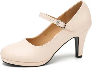 Women's Pumps Close Toe High Heels Classic Round Toe Mary Jane Comfortable Low Platform Ankle Strap Dress Shoes