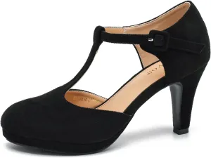 Women's Pumps Close Toe Kitten Heels Retro T Strap Mary Jane Comfortable Office Work Dress Shoes Black Velvet-42US 9
