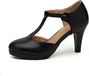 Women's Pumps Close Toe Kitten Heels Retro T Strap Mary Jane Comfortable Office Work Dress Shoes