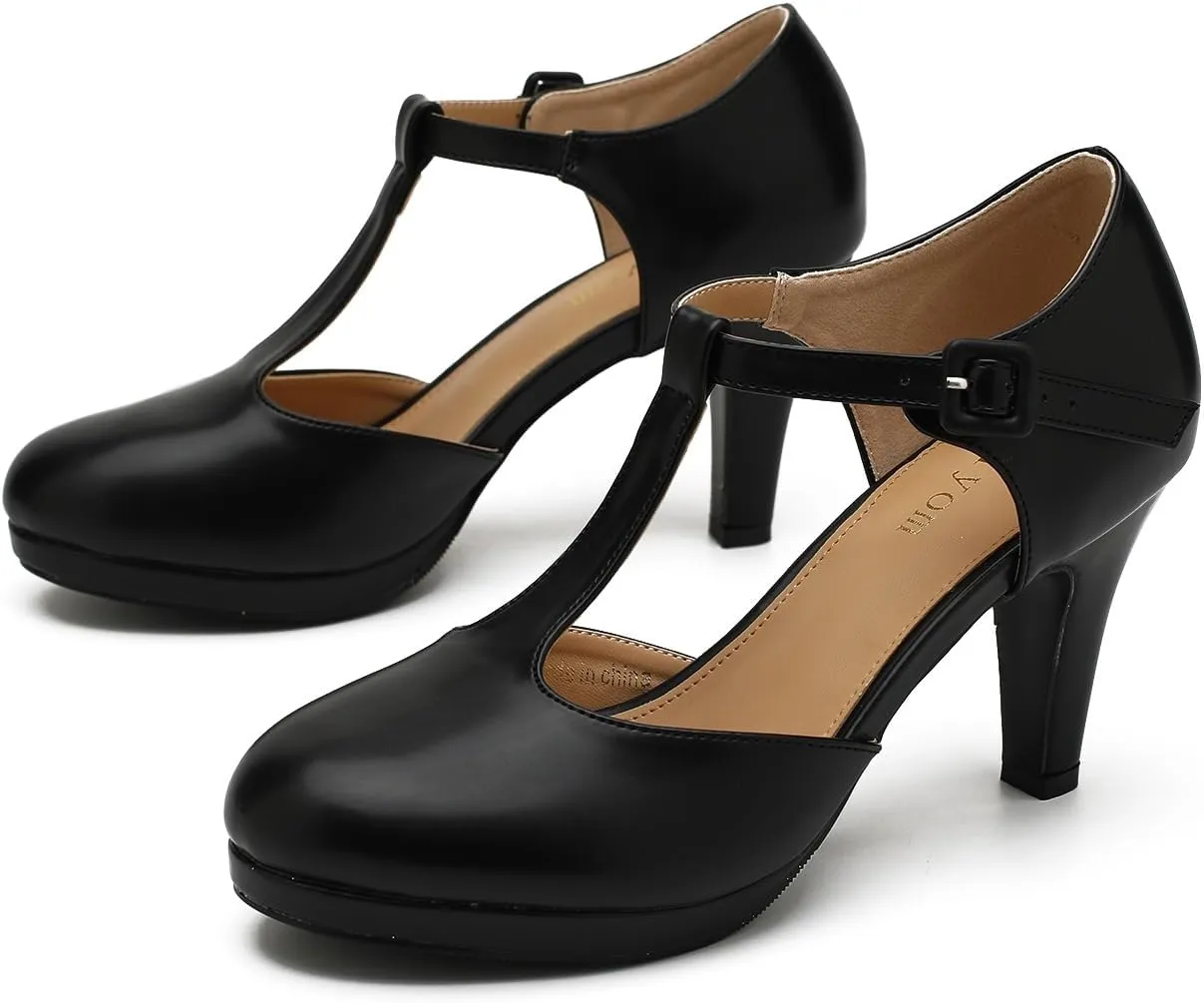Women's Pumps Close Toe Kitten Heels Retro T Strap Mary Jane Comfortable Office Work Dress Shoes