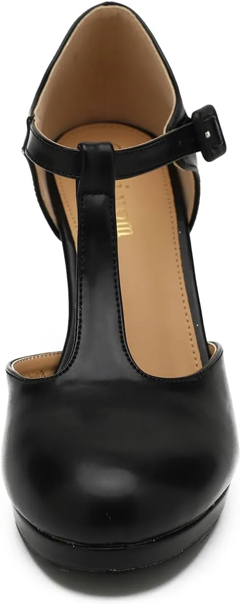 Women's Pumps Close Toe Kitten Heels Retro T Strap Mary Jane Comfortable Office Work Dress Shoes