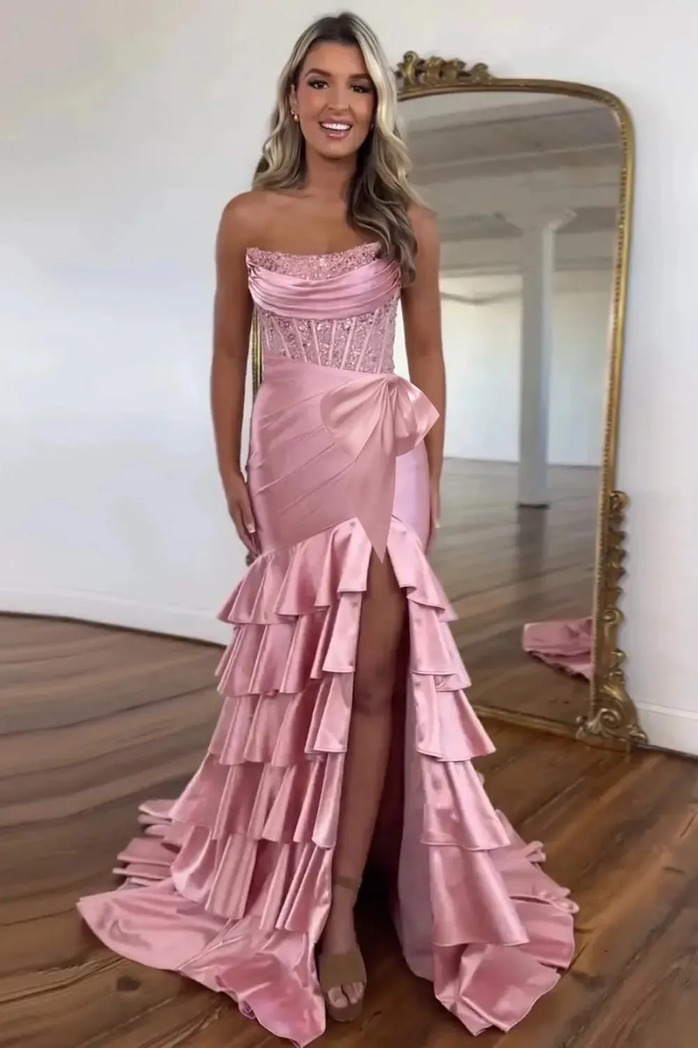 Womens Satin Sequin Tiered Strapless Prom Dress Long with Bow 2025 Mermaid Cowl Neck Formal Gowns with Slit