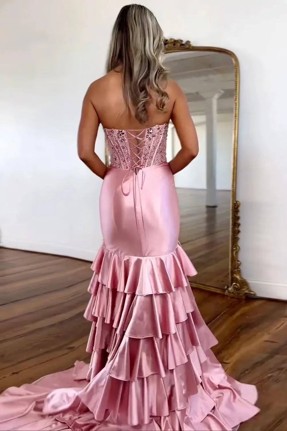 Womens Satin Sequin Tiered Strapless Prom Dress Long with Bow 2025 Mermaid Cowl Neck Formal Gowns with Slit