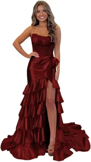 Womens Satin Sequin Tiered Strapless Prom Dress Long with Bow 2025 Mermaid Cowl Neck Formal Gowns with Slit
