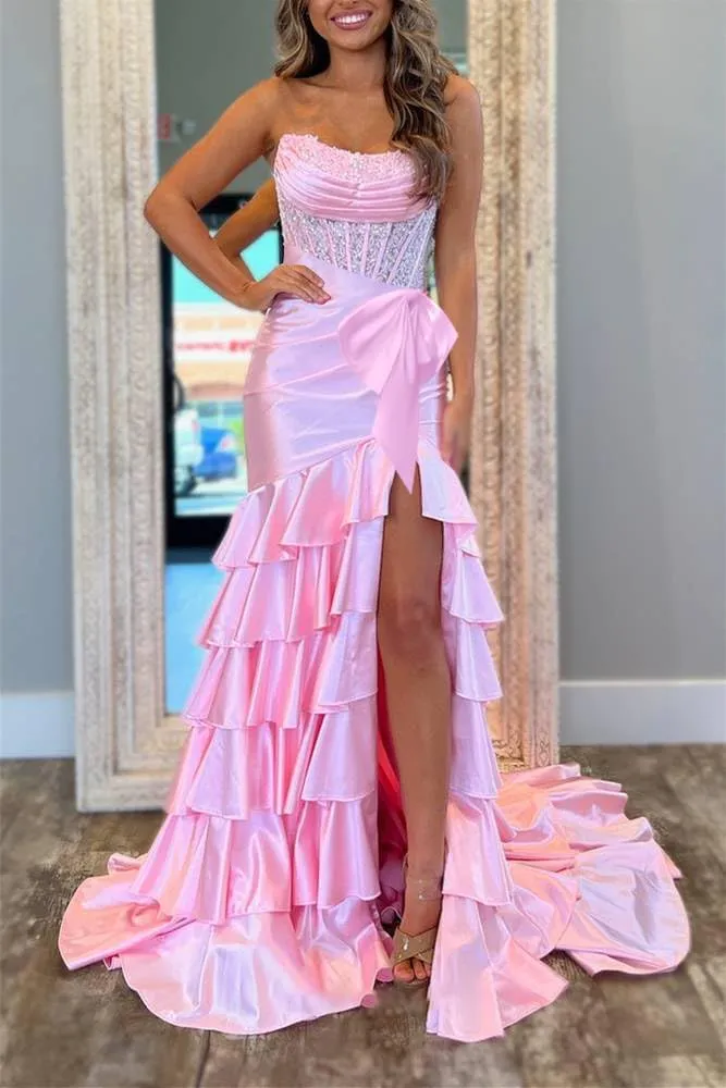Womens Satin Sequin Tiered Strapless Prom Dress Long with Bow 2025 Mermaid Cowl Neck Formal Gowns with Slit