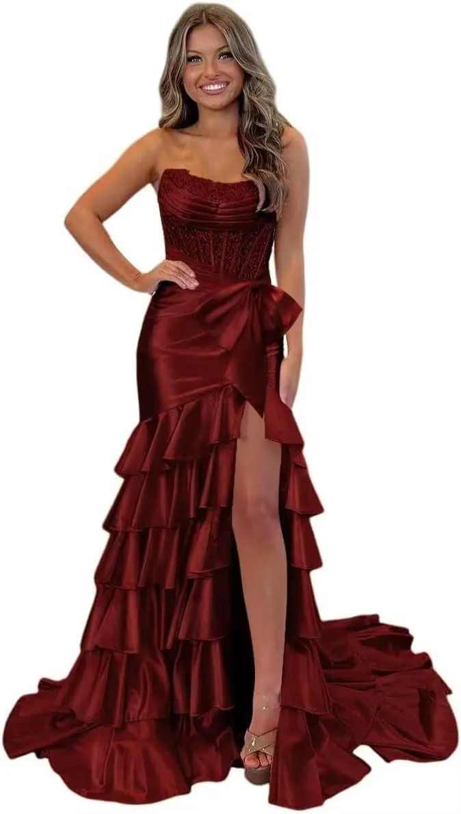 Womens Satin Sequin Tiered Strapless Prom Dress Long with Bow 2025 Mermaid Cowl Neck Formal Gowns with Slit