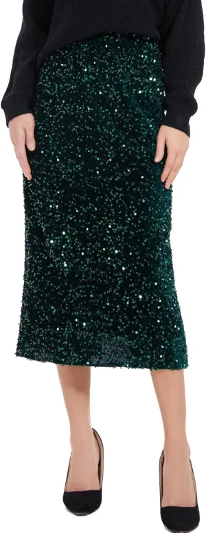Women’s Sequin Velvet Skirt Elastic High Waist Sparkle Split Hem Night Out Party Maxi Skirt