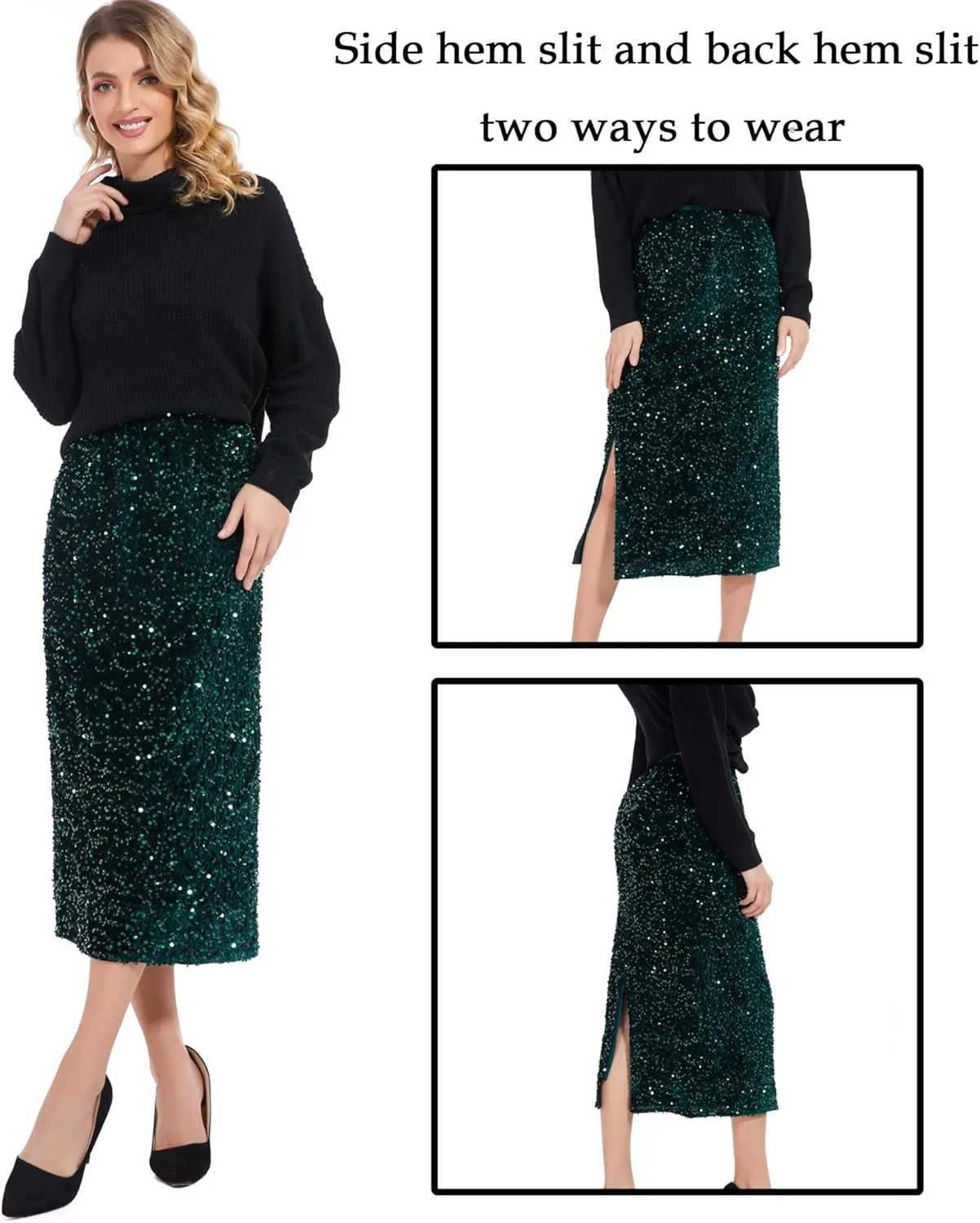 Women’s Sequin Velvet Skirt Elastic High Waist Sparkle Split Hem Night Out Party Maxi Skirt