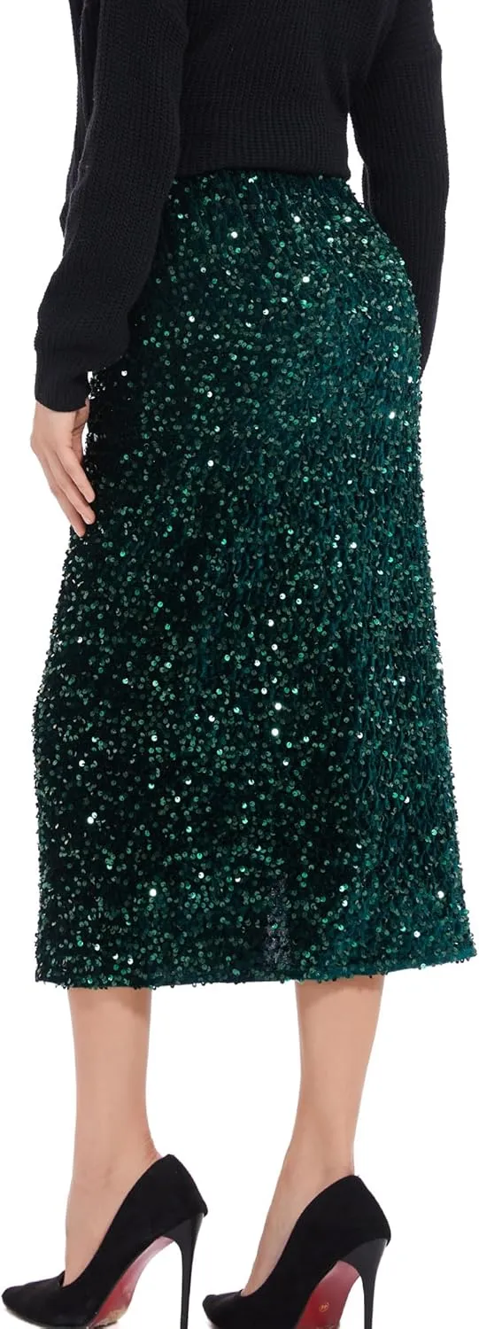 Women’s Sequin Velvet Skirt Elastic High Waist Sparkle Split Hem Night Out Party Maxi Skirt