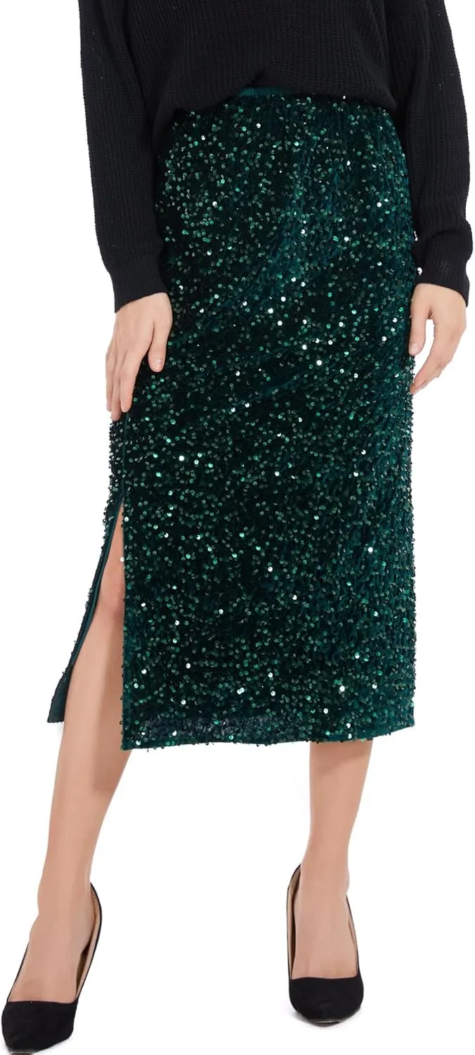 Women’s Sequin Velvet Skirt Elastic High Waist Sparkle Split Hem Night Out Party Maxi Skirt