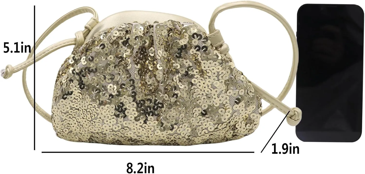 Women's Sequins Dumpling Bag Cloud Purse for Women - Shiny Crossbody, Sequins Bucket Bag