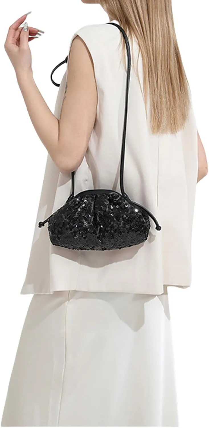 Women's Sequins Dumpling Bag Cloud Purse for Women - Shiny Crossbody, Sequins Bucket Bag