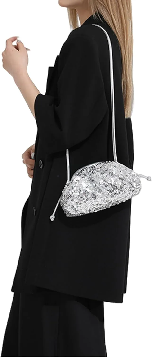 Women's Sequins Dumpling Bag Cloud Purse for Women - Shiny Crossbody, Sequins Bucket Bag