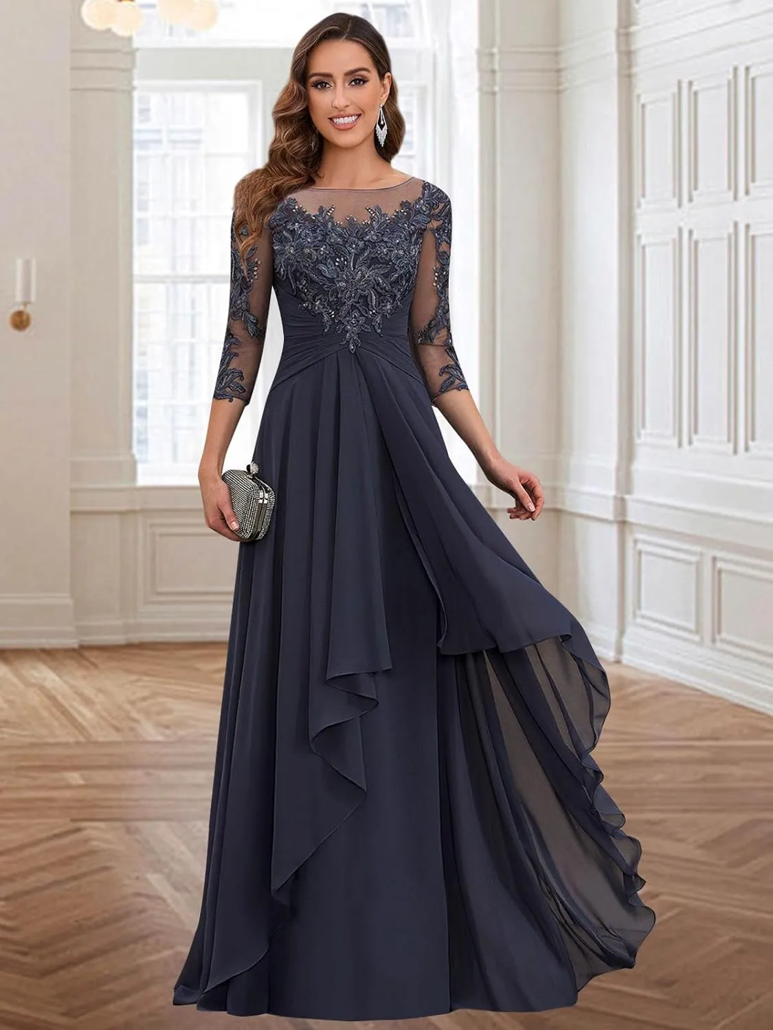 Women's Short Sleeve Mother of The Bride Dresses for Wedding Long Ruffles Chiffon Formal Evening Gowns