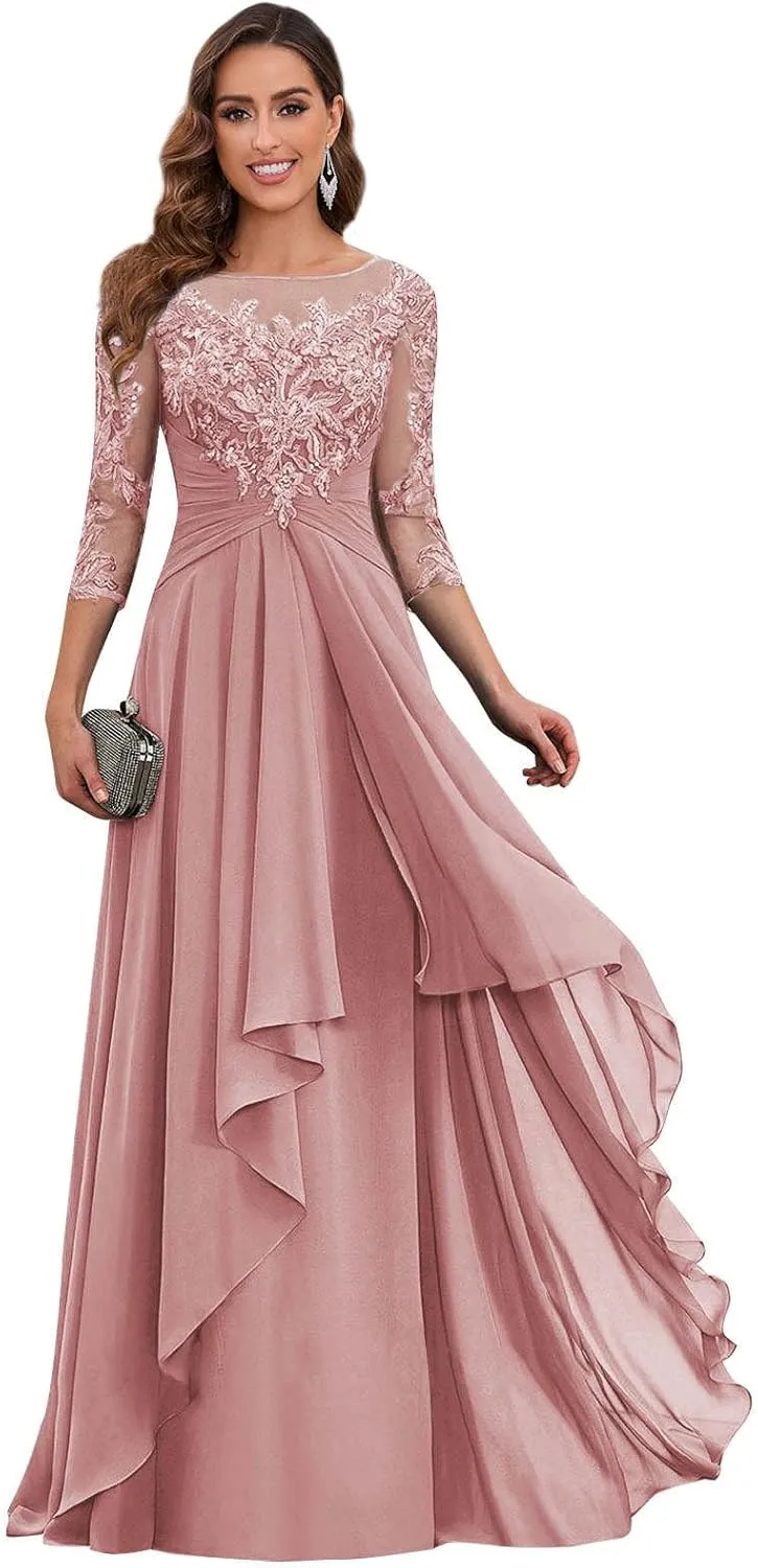 Women's Short Sleeve Mother of The Bride Dresses for Wedding Long Ruffles Chiffon Formal Evening Gowns
