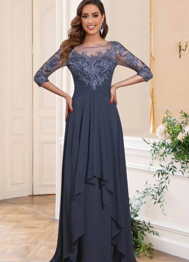 Women's Short Sleeve Mother of The Bride Dresses for Wedding Long Ruffles Chiffon Formal Evening Gowns