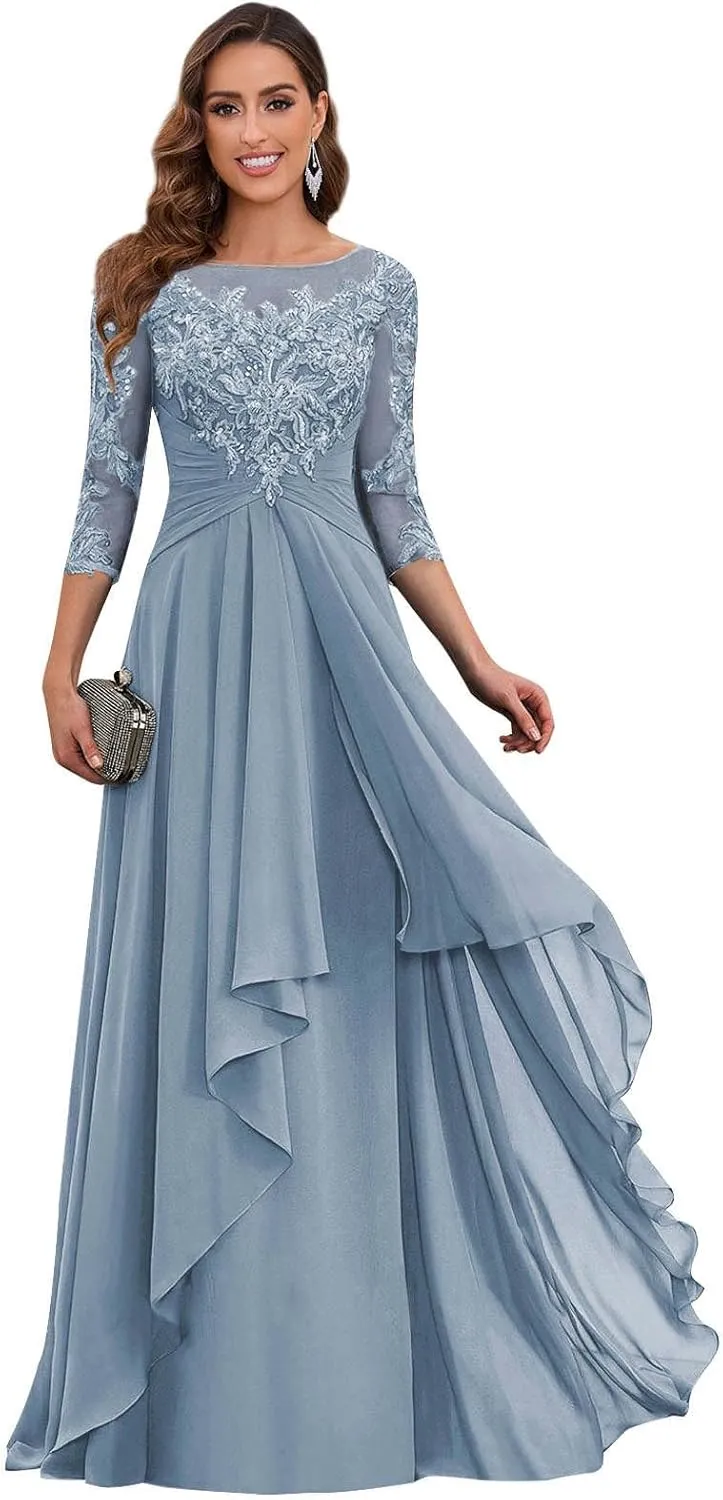 Women's Short Sleeve Mother of The Bride Dresses for Wedding Long Ruffles Chiffon Formal Evening Gowns