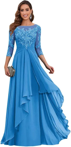Women's Short Sleeve Mother of The Bride Dresses for Wedding Long Ruffles Chiffon Formal Evening Gowns