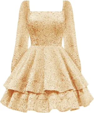 Women's Sparkly Sequin Long Sleeve Homecoming Dresses for Teens Glitter Tiered Short A-Line Formal Cocktail Prom Dress
