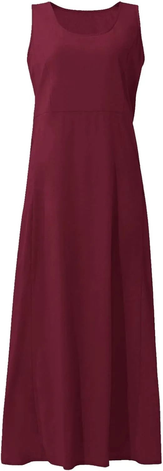 Women's Summer Cotton Linen Long Dress Sleeveless Elegant Flowy Dresses Plus Size Loose Comfy Dress with Pockets