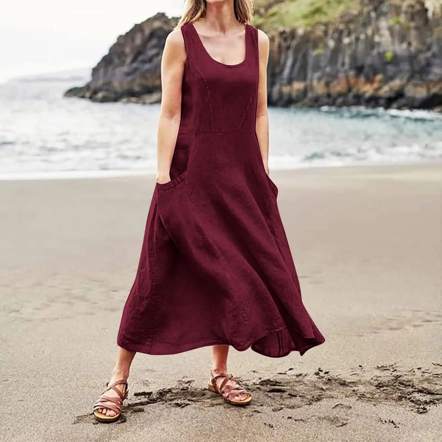 Women's Summer Cotton Linen Long Dress Sleeveless Elegant Flowy Dresses Plus Size Loose Comfy Dress with Pockets