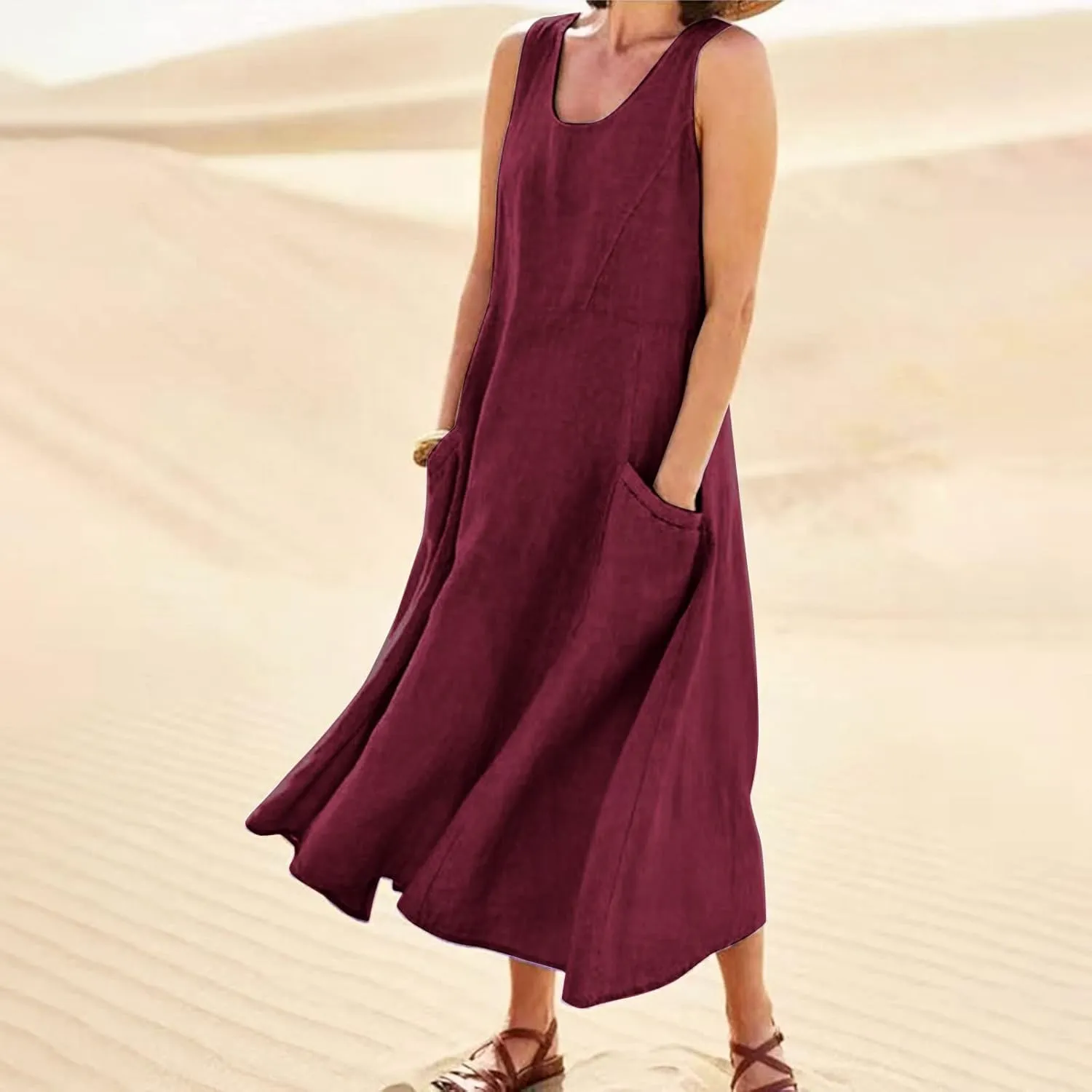 Women's Summer Cotton Linen Long Dress Sleeveless Elegant Flowy Dresses Plus Size Loose Comfy Dress with Pockets