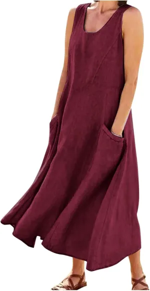 Women's Summer Cotton Linen Long Dress Sleeveless Elegant Flowy Dresses Plus Size Loose Comfy Dress with Pockets