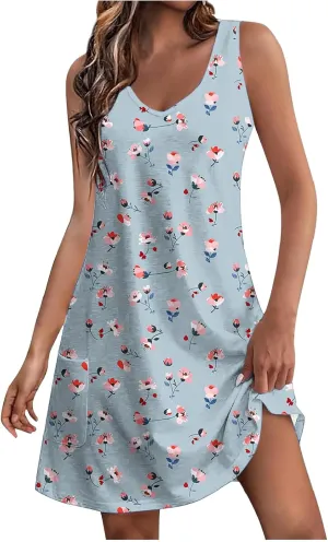 Womens Summer Dresses 2025 Trendy Casual Sleeveless Sundresses Beach Vacation Boho Floral Coverup Flowy Tank Dress