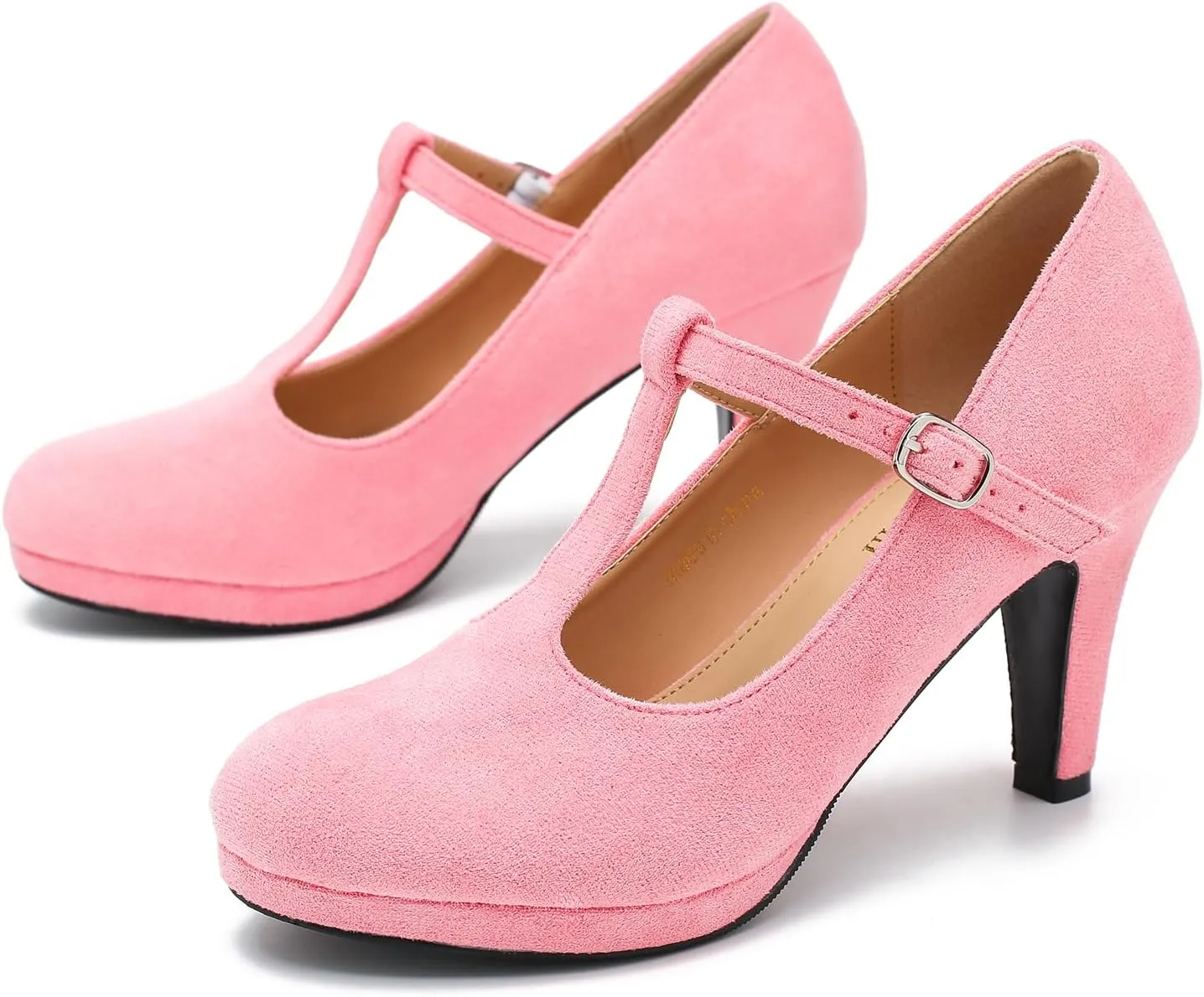 Womens T Strap High Heels Close Toe Classic Round Toe Shoes Comfortable Low Platform Ankle Strap Mary Jane Dress Pumps