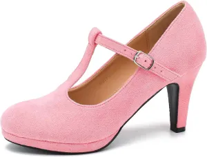 Womens T Strap High Heels Close Toe Classic Round Toe Shoes Comfortable Low Platform Ankle Strap Mary Jane Dress Pumps