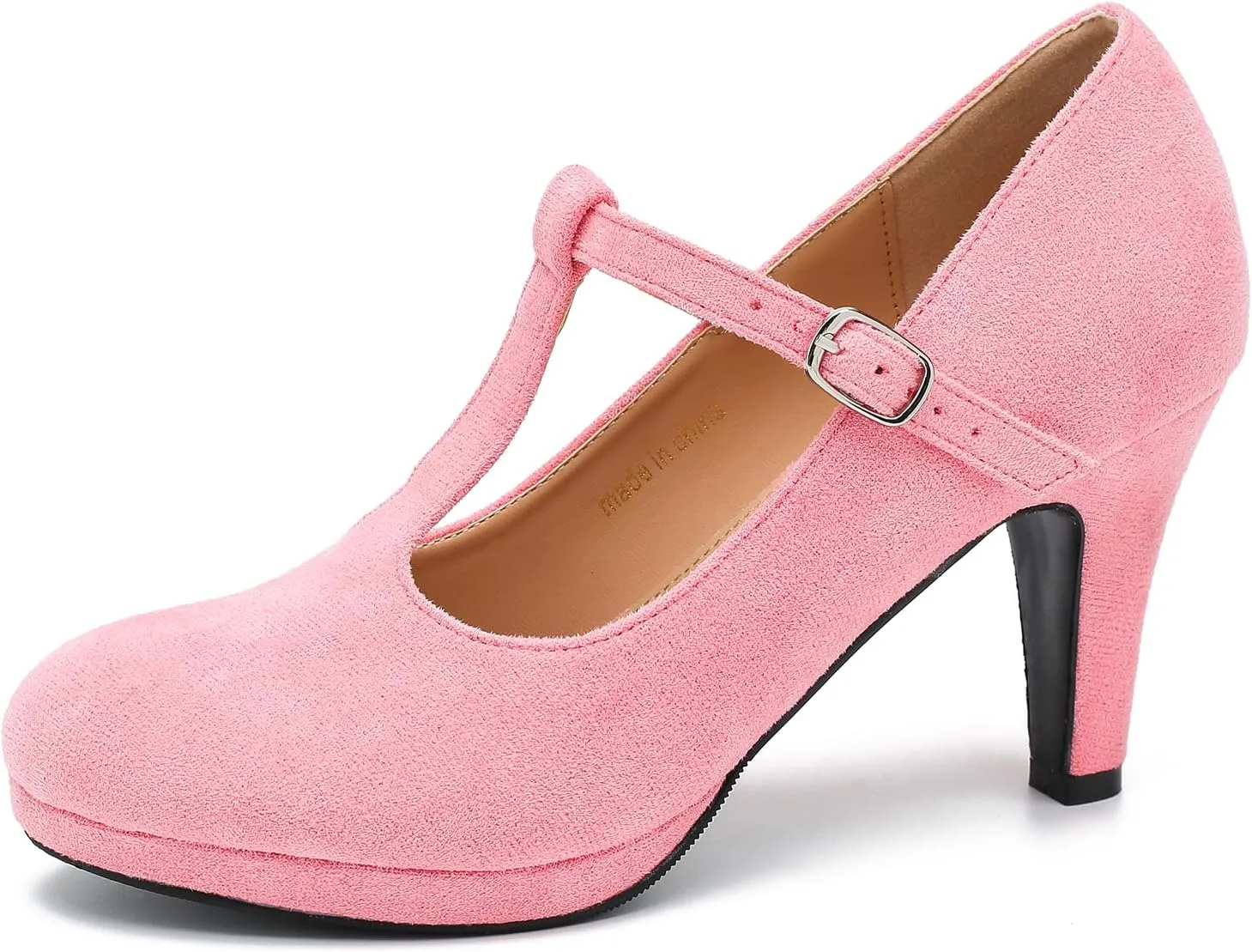 Womens T Strap High Heels Close Toe Classic Round Toe Shoes Comfortable Low Platform Ankle Strap Mary Jane Dress Pumps