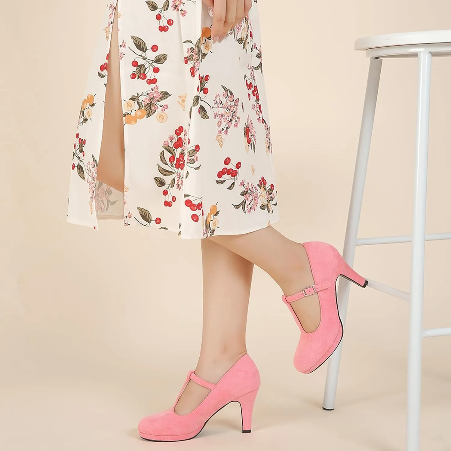 Womens T Strap High Heels Close Toe Classic Round Toe Shoes Comfortable Low Platform Ankle Strap Mary Jane Dress Pumps