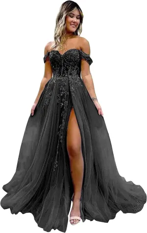 Women's Tulle Prom Dresses Lace Appliques Long Ball Gowns Strapless High Split Evening Dresses 2025