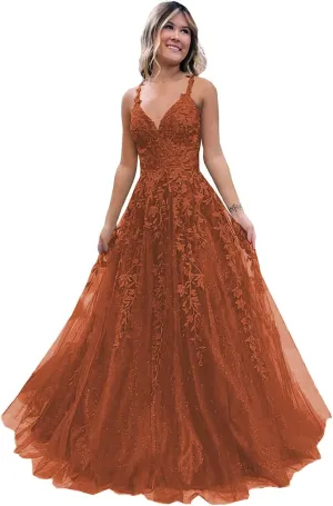 Women's Tulle Prom Dresses Long V Neck Spaghetti Straps Lace Appliques Glitter Formal Evening Party Gowns