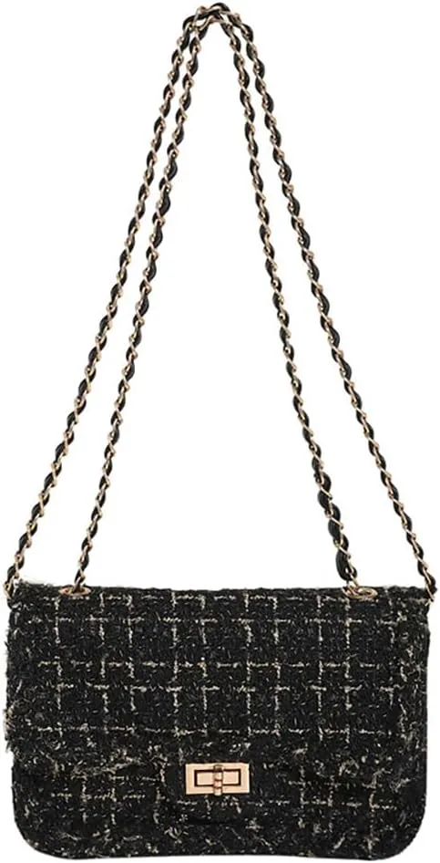 Women's Tweed Plaid Square Purse, Large Capacity Luxury Quilted Embroidered Shoulder Bag, Novelty Woolen Clutch Tote Handbag