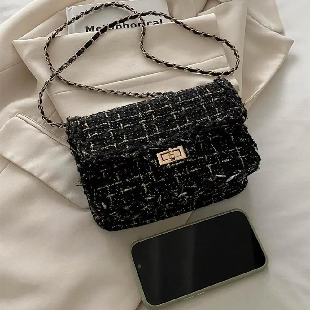 Women's Tweed Plaid Square Purse, Large Capacity Luxury Quilted Embroidered Shoulder Bag, Novelty Woolen Clutch Tote Handbag