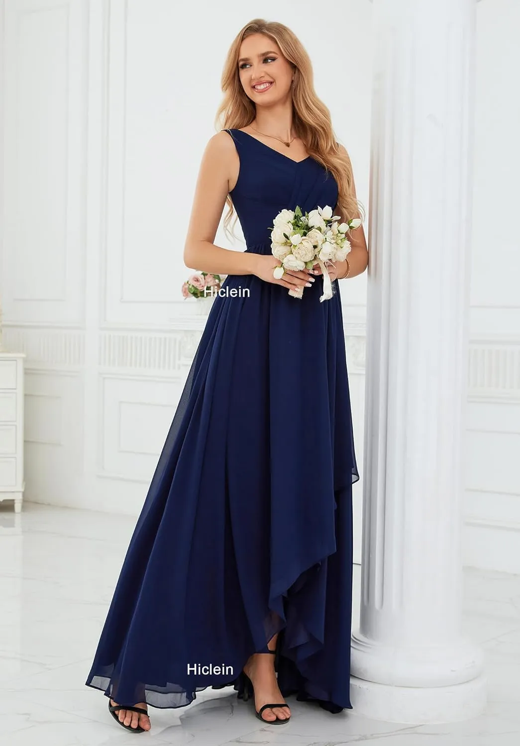 Women's V Neck Bridesmaid Dresses for Wedding High Low Chiffon Ruffle Formal Evening Dress with Slit