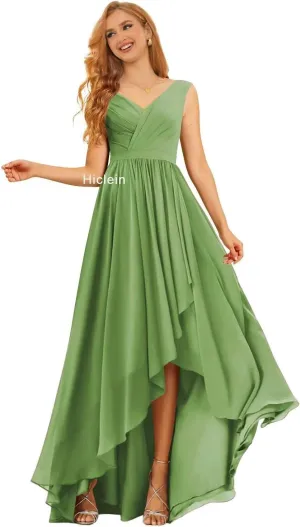 Women's V Neck Bridesmaid Dresses for Wedding High Low Chiffon Ruffle Formal Evening Dress with Slit