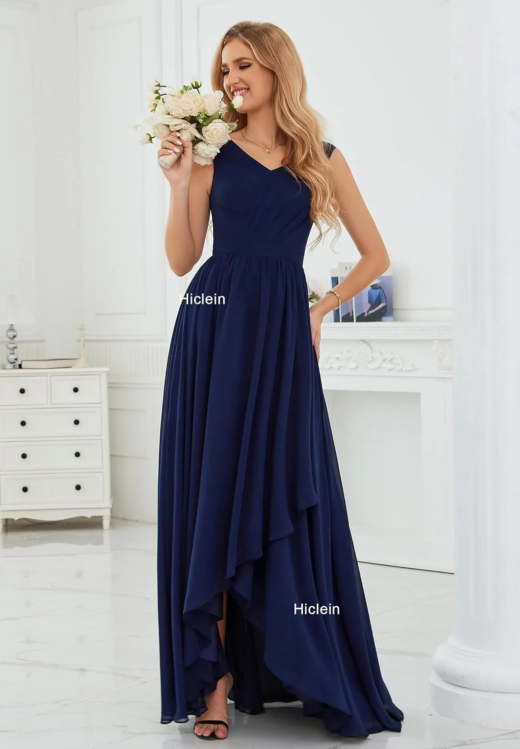 Women's V Neck Bridesmaid Dresses for Wedding High Low Chiffon Ruffle Formal Evening Dress with Slit